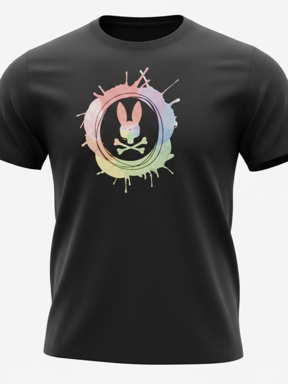 Men's Black Short-Sleeve Tee with Pastel Bunny Skull Graphic